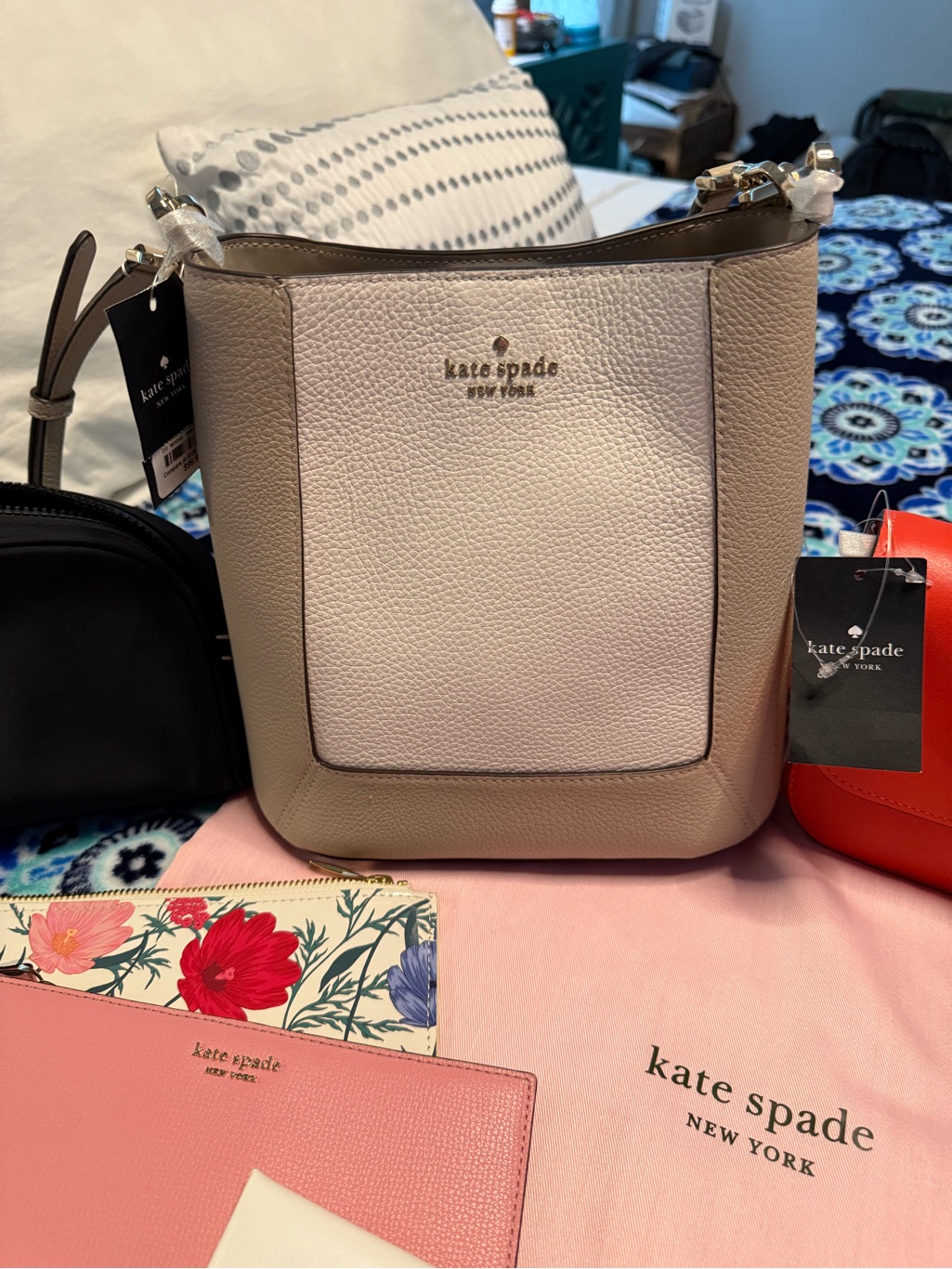 Kate Spade Two-Tone Pebbled Leather Shoulder Bucket Bag In Taupe & Cream